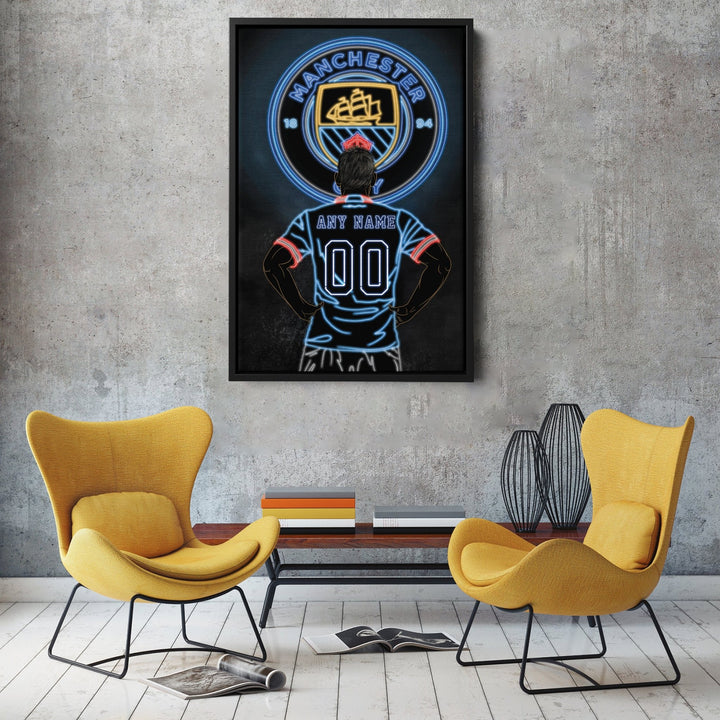 Manchester City Personalized Jersey Canvas | Neon Wall Art - CanvasNeon