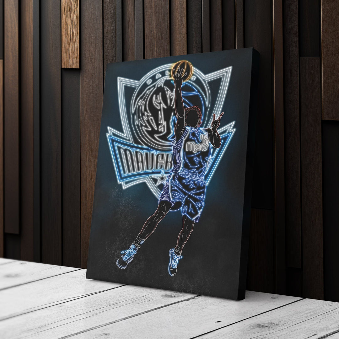 Dirk Nowitzki Neon Canvas Art | Mavericks Wall Decor - CanvasNeon