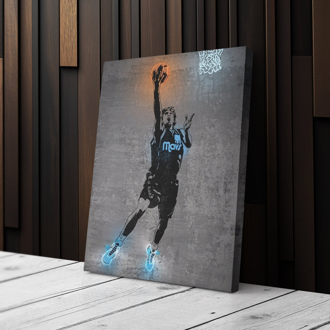Dirk Nowitzki Neon Canvas Art | Modern Wall Decor for Mavericks Fans - CanvasNeon