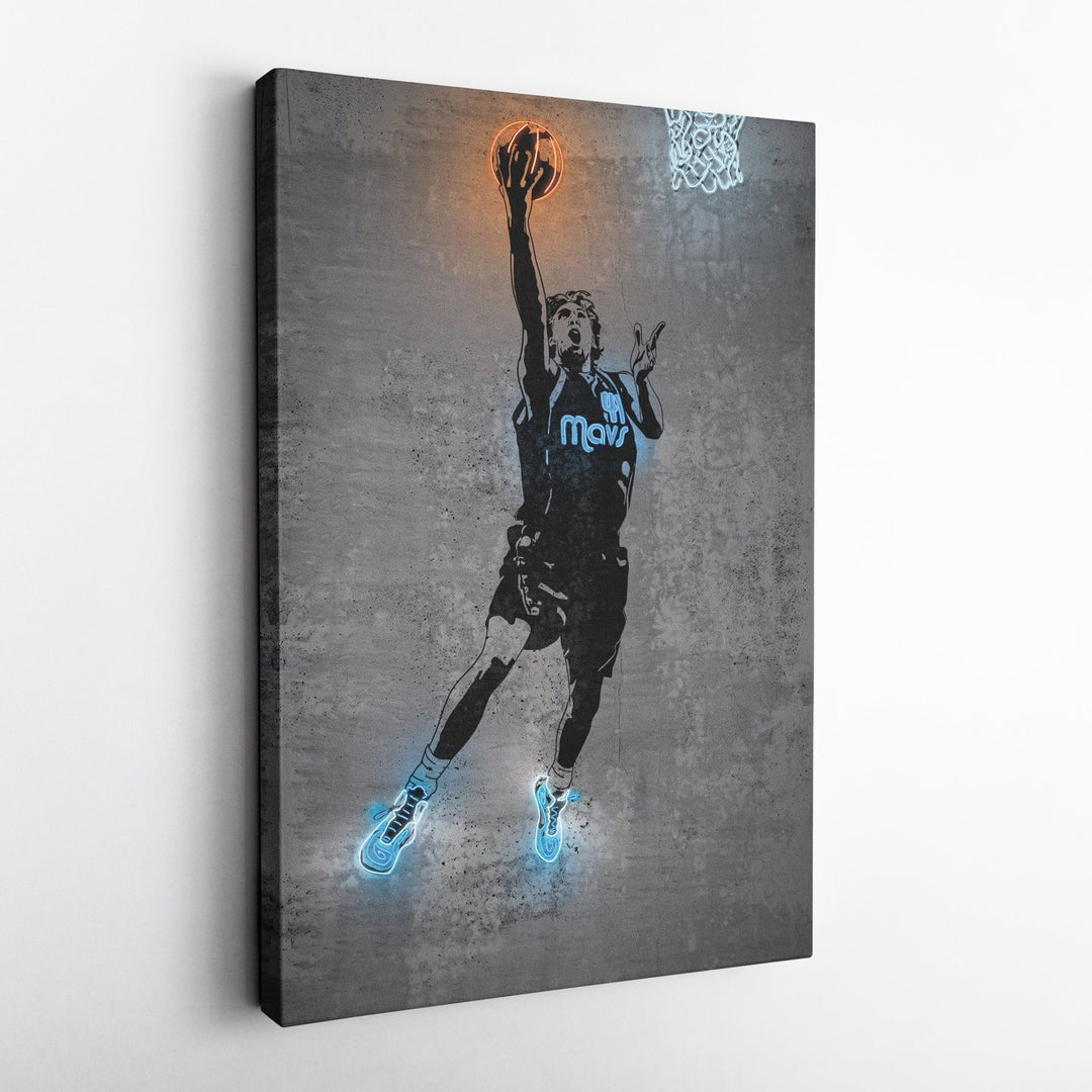 Dirk Nowitzki Neon Canvas Art | Modern Wall Decor for Mavericks Fans - CanvasNeon