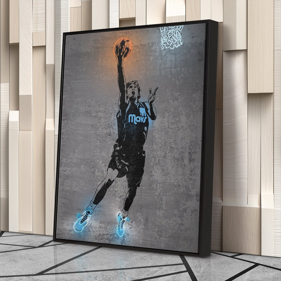 Dirk Nowitzki Neon Canvas Art | Modern Wall Decor for Mavericks Fans - CanvasNeon