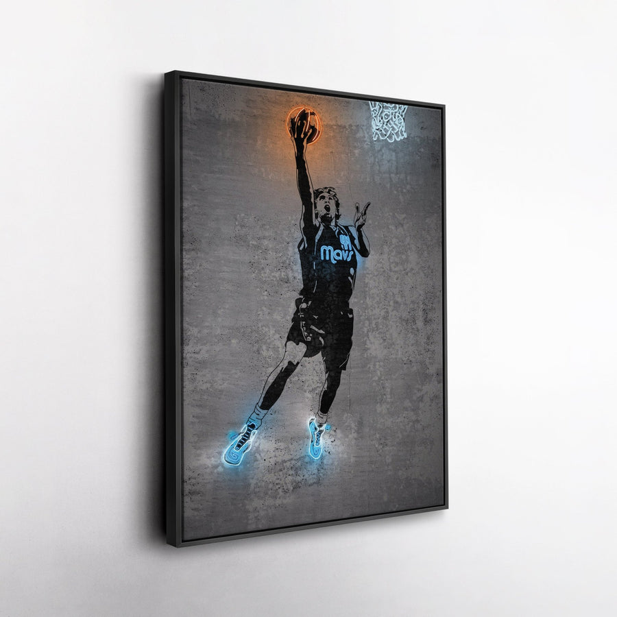 Dirk Nowitzki Neon Canvas Art | Modern Wall Decor for Mavericks Fans - CanvasNeon