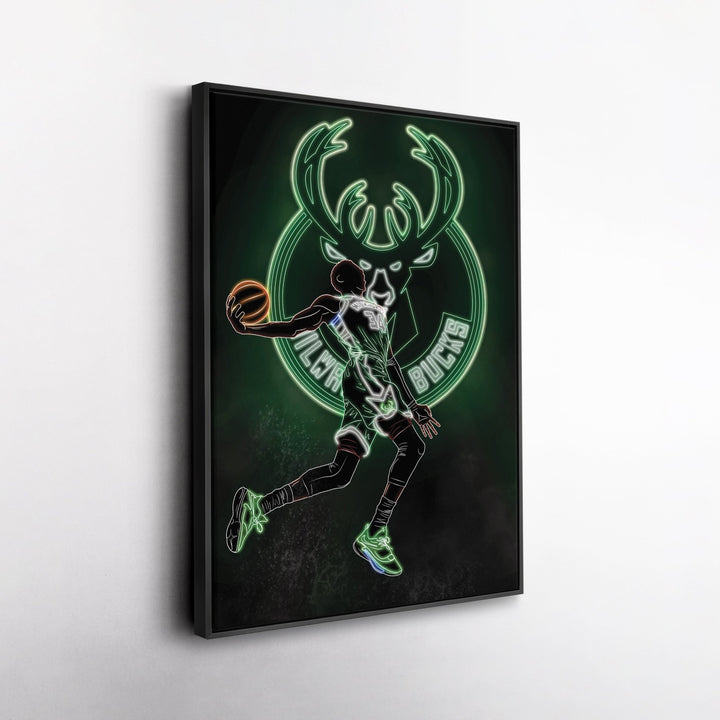 Giannis Antetokounmpo Neon Canvas Art | Bucks Wall Decor - CanvasNeon