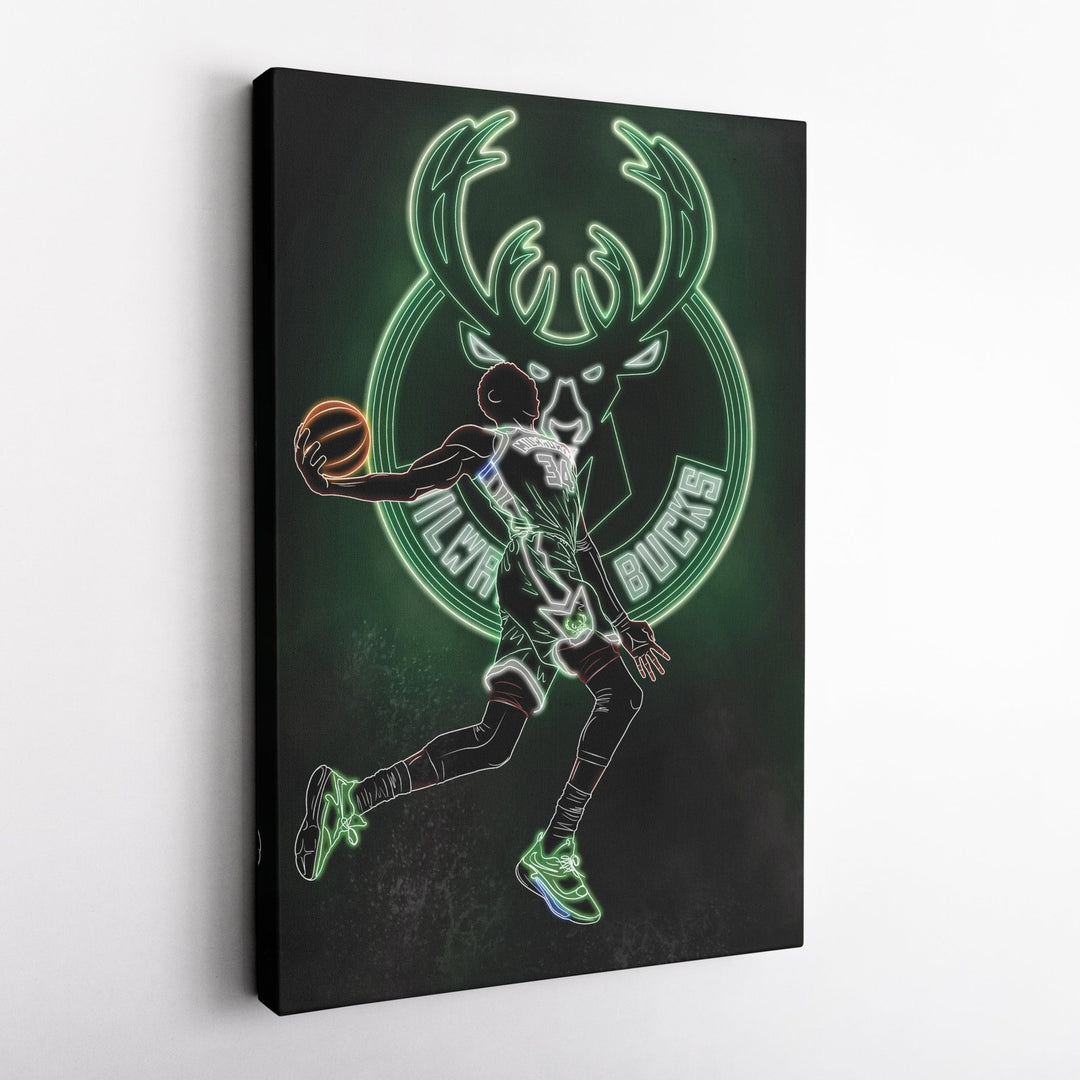 Giannis Antetokounmpo Neon Canvas Art | Bucks Wall Decor - CanvasNeon