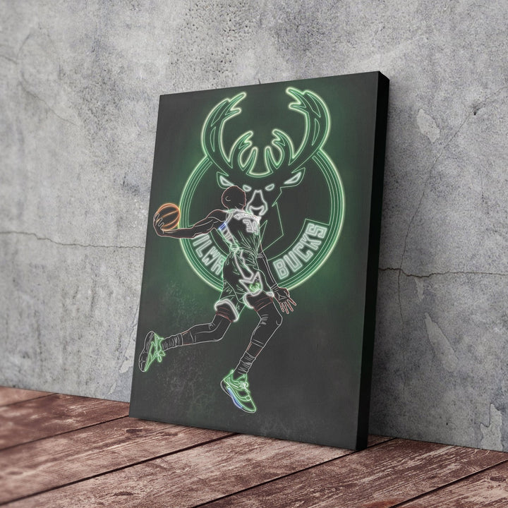 Giannis Antetokounmpo Neon Canvas Art | Bucks Wall Decor - CanvasNeon