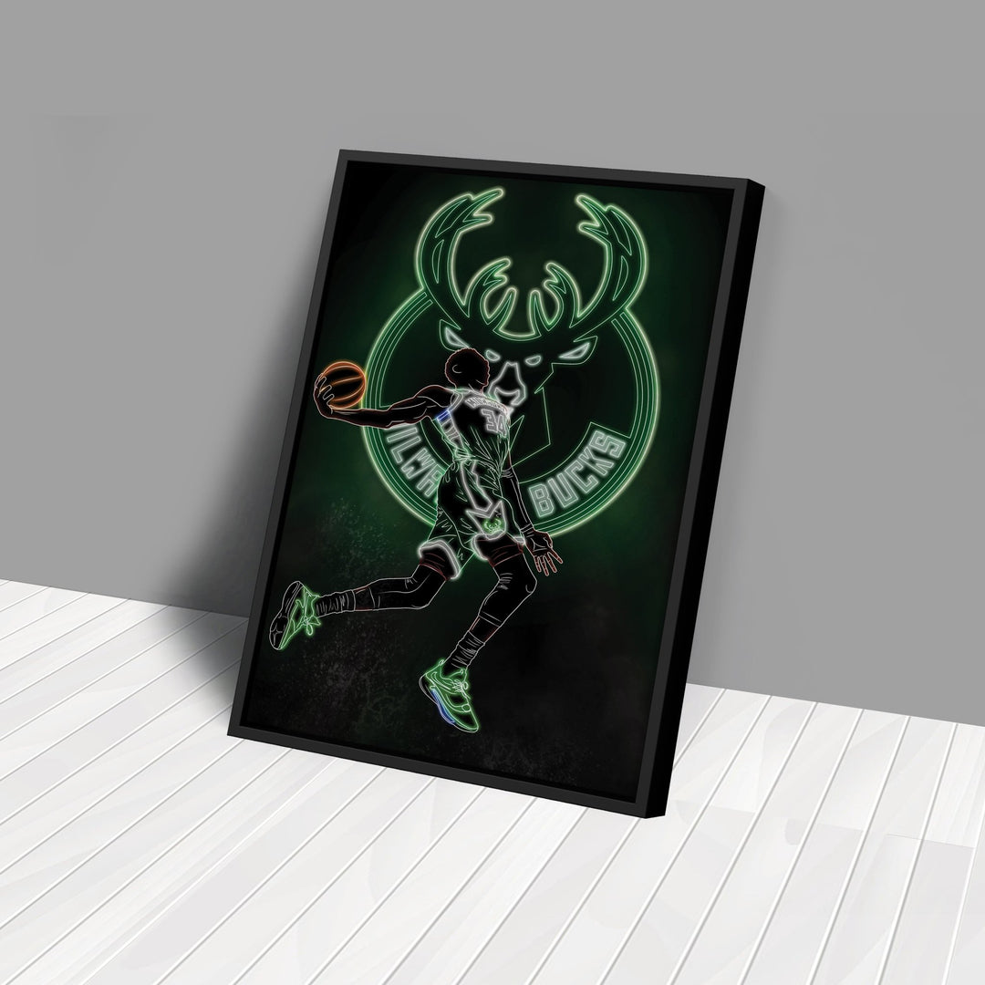 Giannis Antetokounmpo Neon Canvas Art | Bucks Wall Decor - CanvasNeon