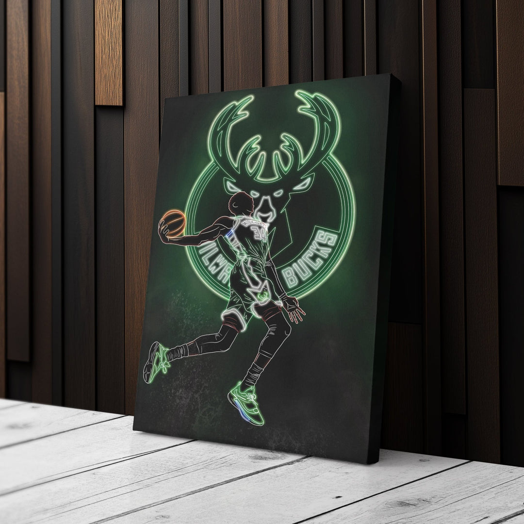 Giannis Antetokounmpo Neon Canvas Art | Bucks Wall Decor - CanvasNeon