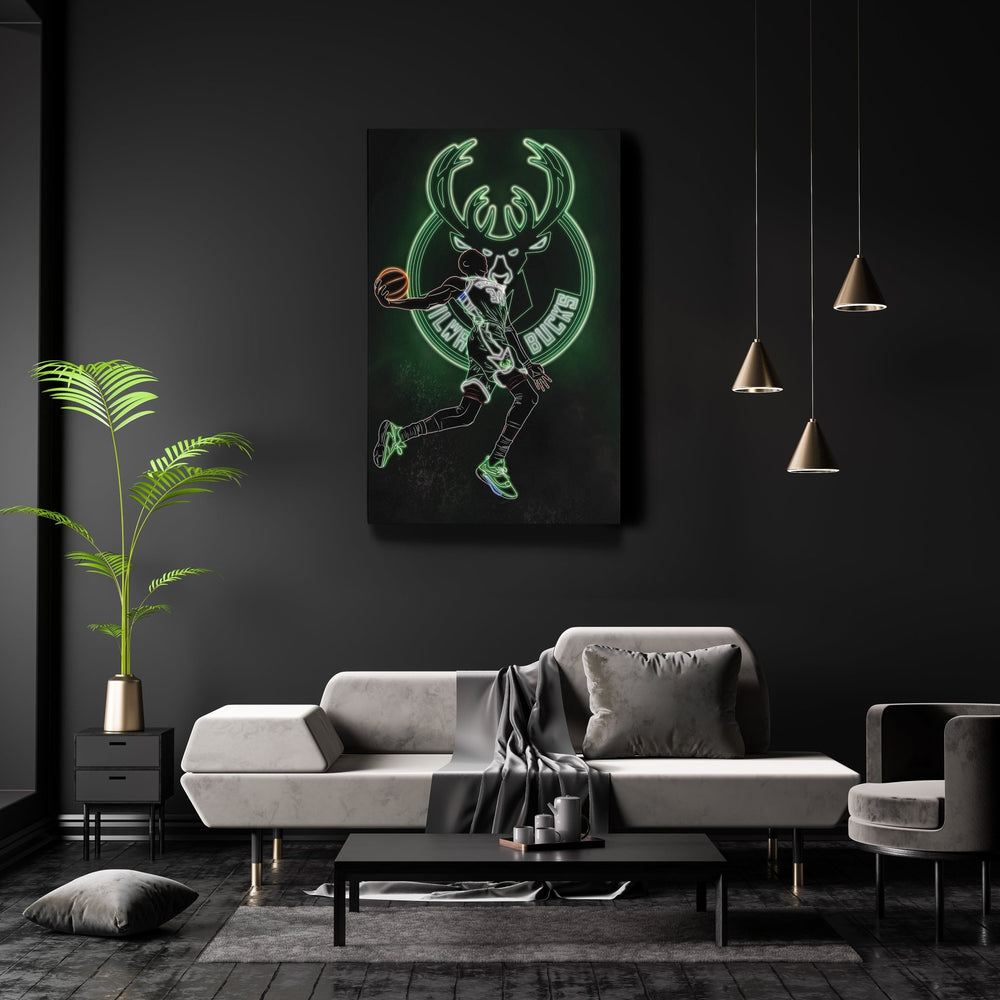 Giannis Antetokounmpo Neon Canvas Art | Bucks Wall Decor - CanvasNeon