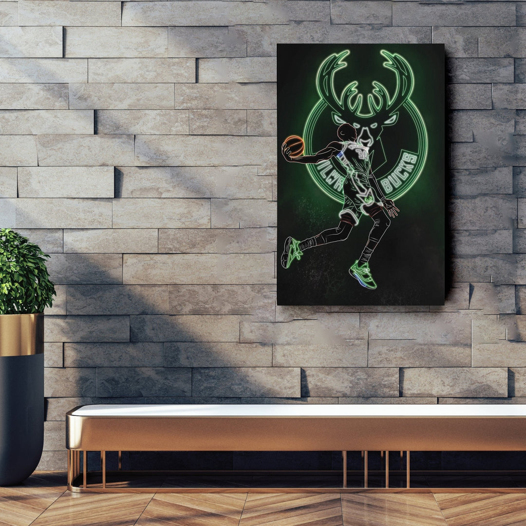 Giannis Antetokounmpo Neon Canvas Art | Bucks Wall Decor - CanvasNeon