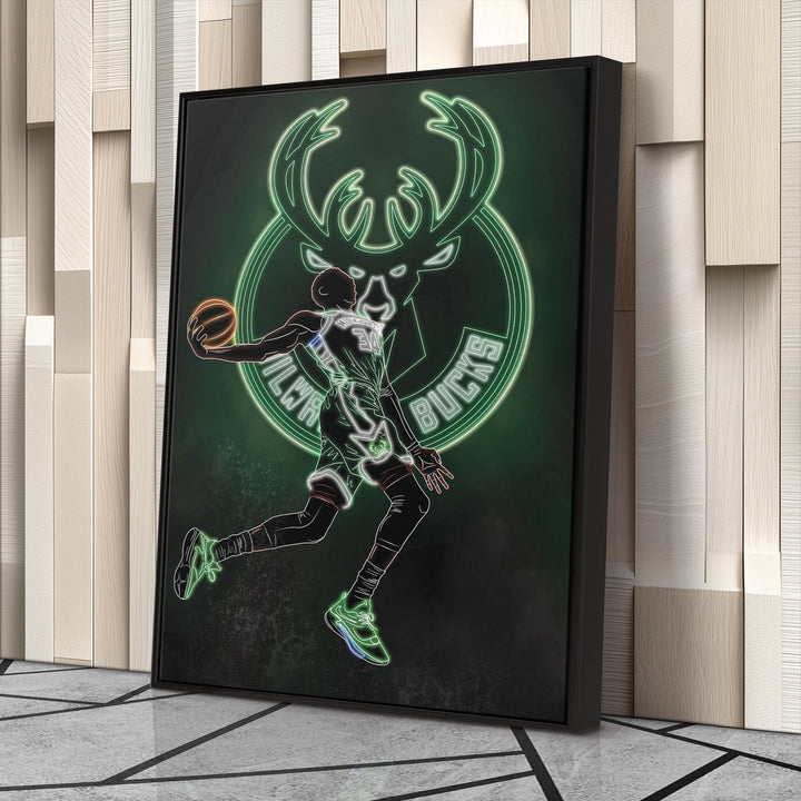 Giannis Antetokounmpo Neon Canvas Art | Bucks Wall Decor - CanvasNeon