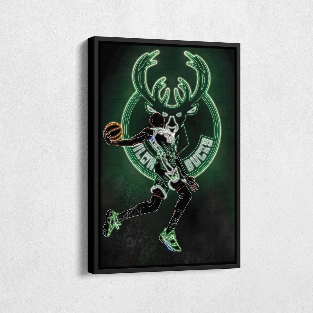 Giannis Antetokounmpo Neon Canvas Art | Bucks Wall Decor - CanvasNeon