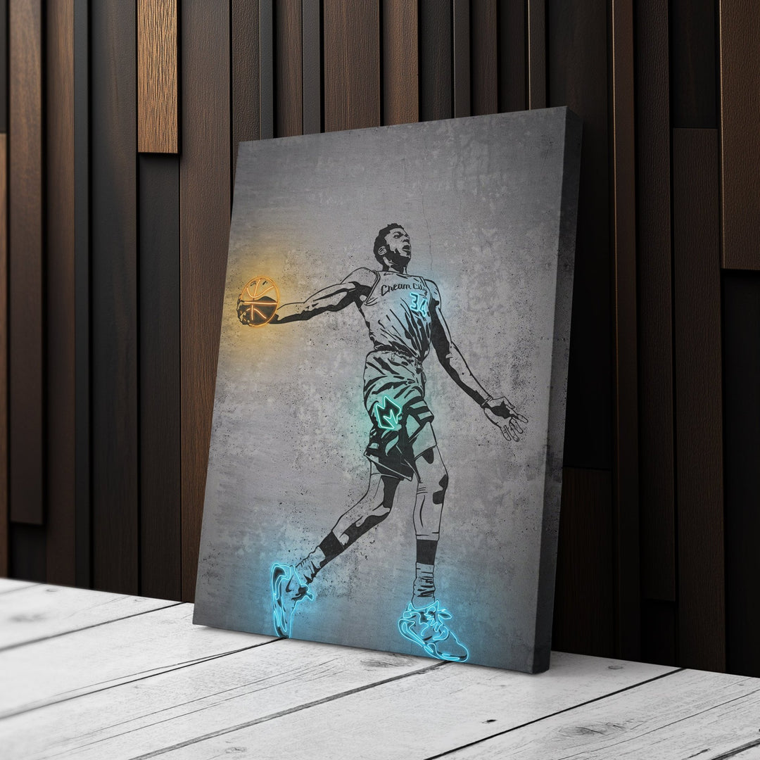 Giannis Antetokounmpo Neon Canvas Art | Modern Wall Decor for Bucks Fans - CanvasNeon