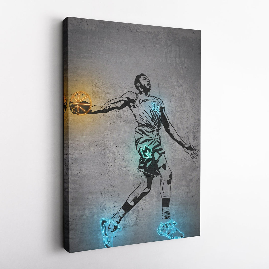 Giannis Antetokounmpo Neon Canvas Art | Modern Wall Decor for Bucks Fans - CanvasNeon