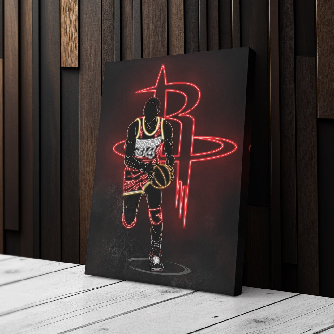 Hakeem Olajuwon Neon Canvas Art | Rockets Wall Decor - CanvasNeon