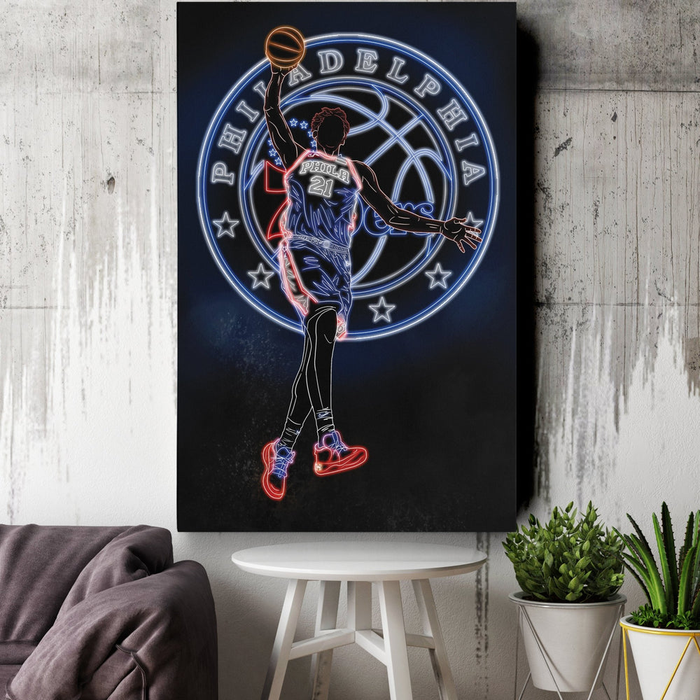 Joel Embiid Neon Canvas Art | 76ers Wall Decor - CanvasNeon