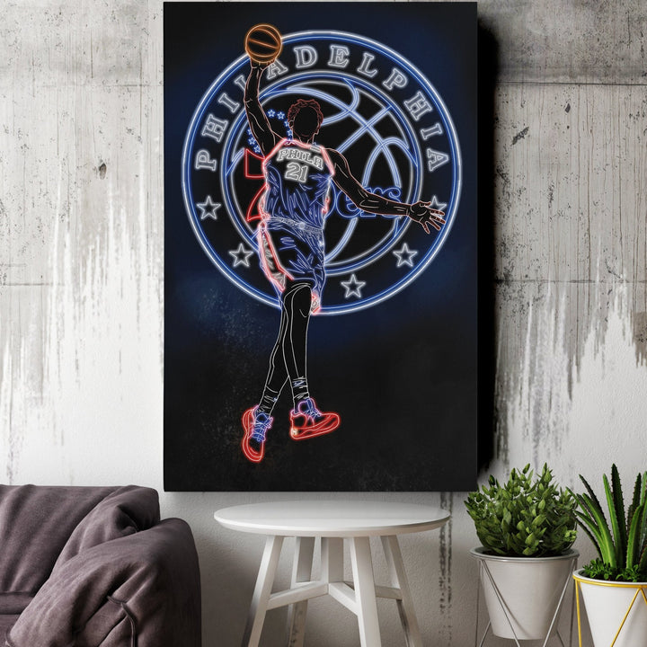 Joel Embiid Neon Canvas Art | 76ers Wall Decor - CanvasNeon