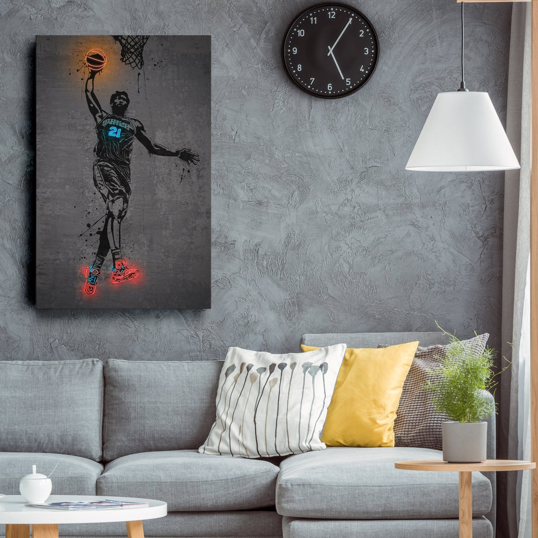 Joel Embiid Neon Canvas Art | Modern Wall Decor for 76ers Fans - CanvasNeon