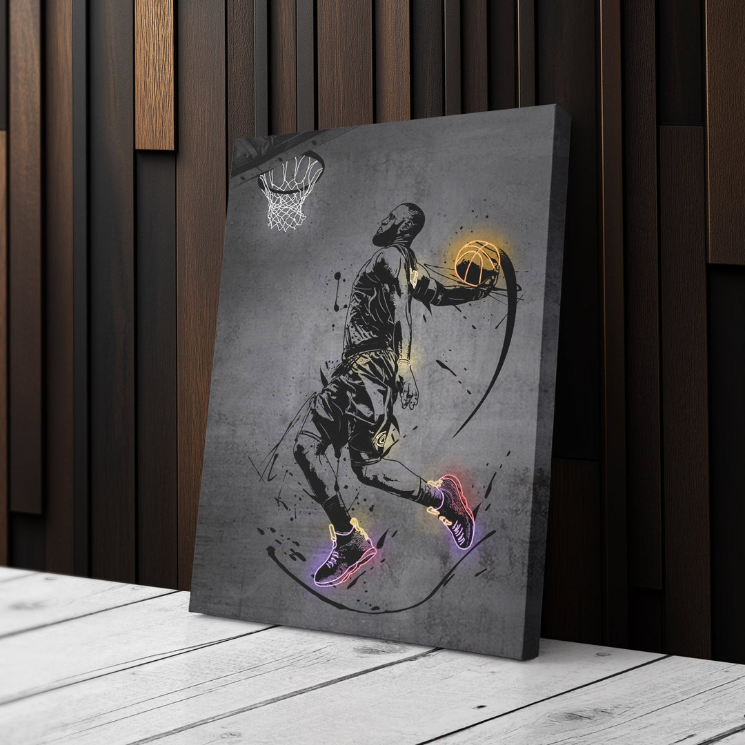 Lebron James Dunk Neon Canvas Art | Modern Wall Decor for Cavaliers Fans - CanvasNeon