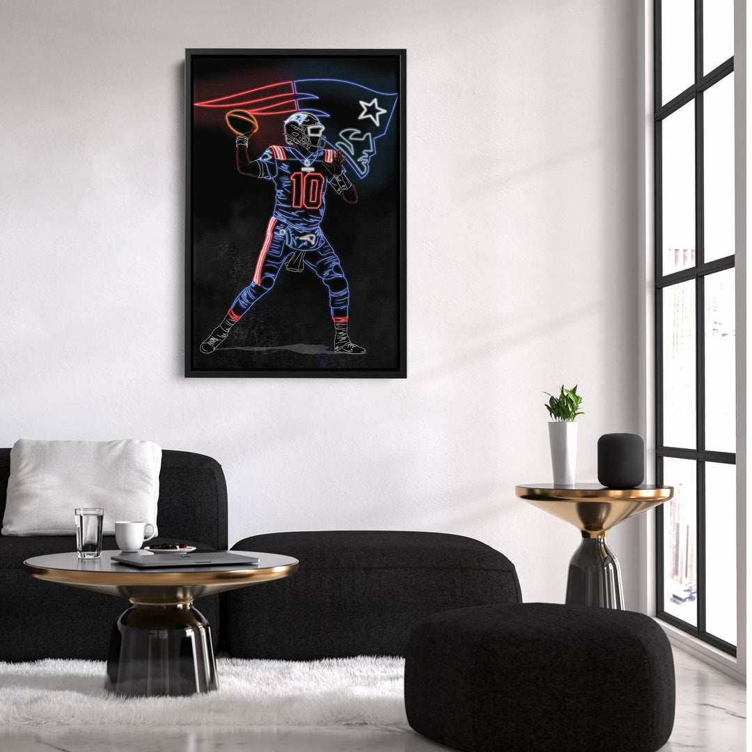 Mac Jones Neon Canvas Art | Patriots Wall Decor - CanvasNeon