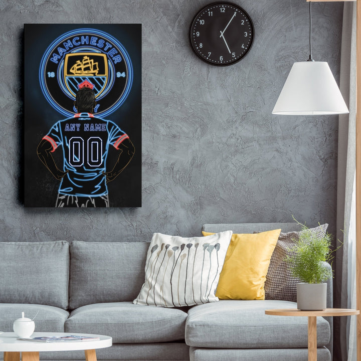 Manchester City Personalized Jersey Canvas | Neon Wall Art - CanvasNeon