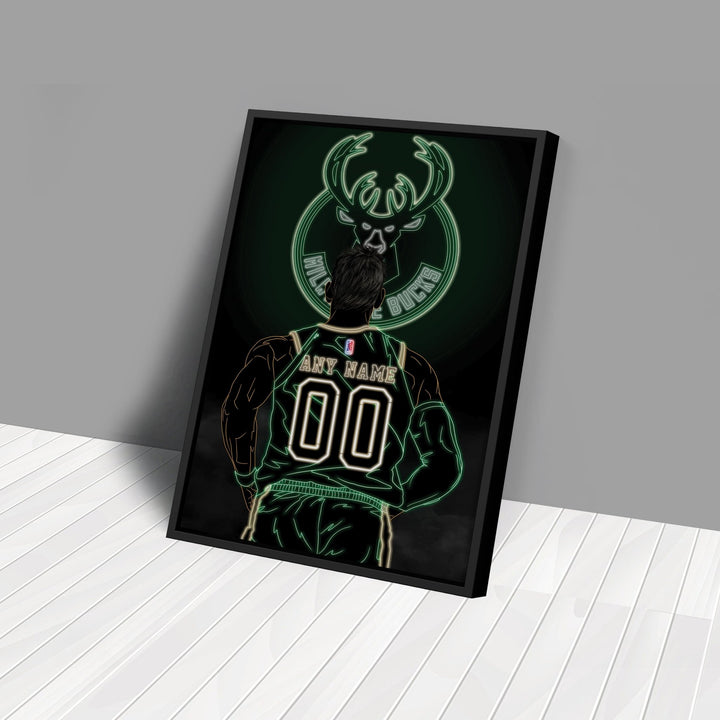 Milwaukee Bucks Personalized Jersey Canvas | Neon Wall Art - CanvasNeon