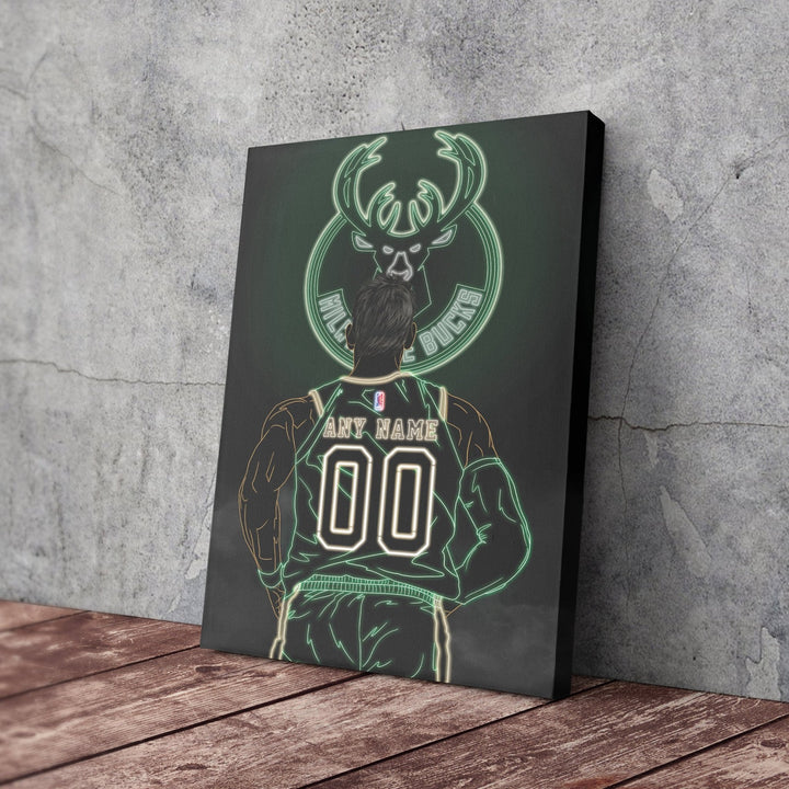 Milwaukee Bucks Personalized Jersey Canvas | Neon Wall Art - CanvasNeon