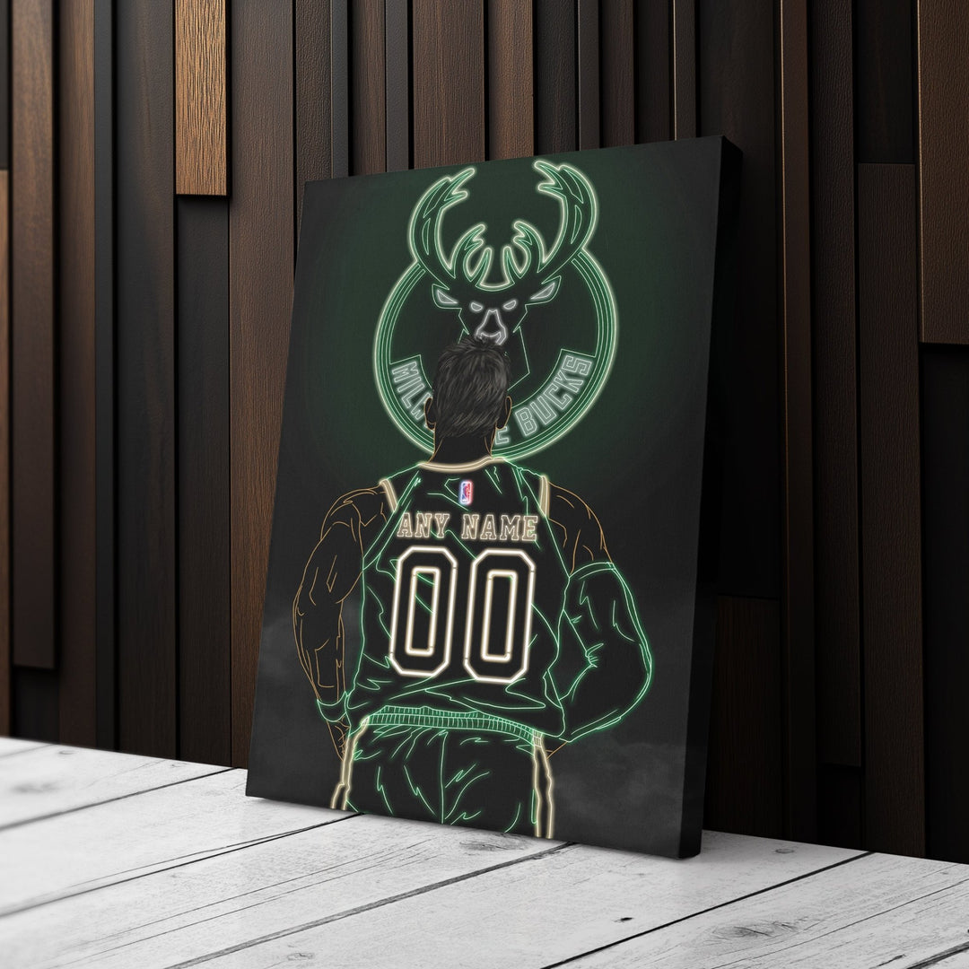 Milwaukee Bucks Personalized Jersey Canvas | Neon Wall Art - CanvasNeon