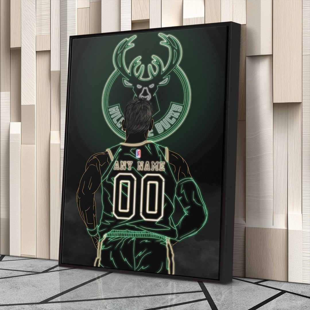 Milwaukee Bucks Personalized Jersey Canvas | Neon Wall Art - CanvasNeon
