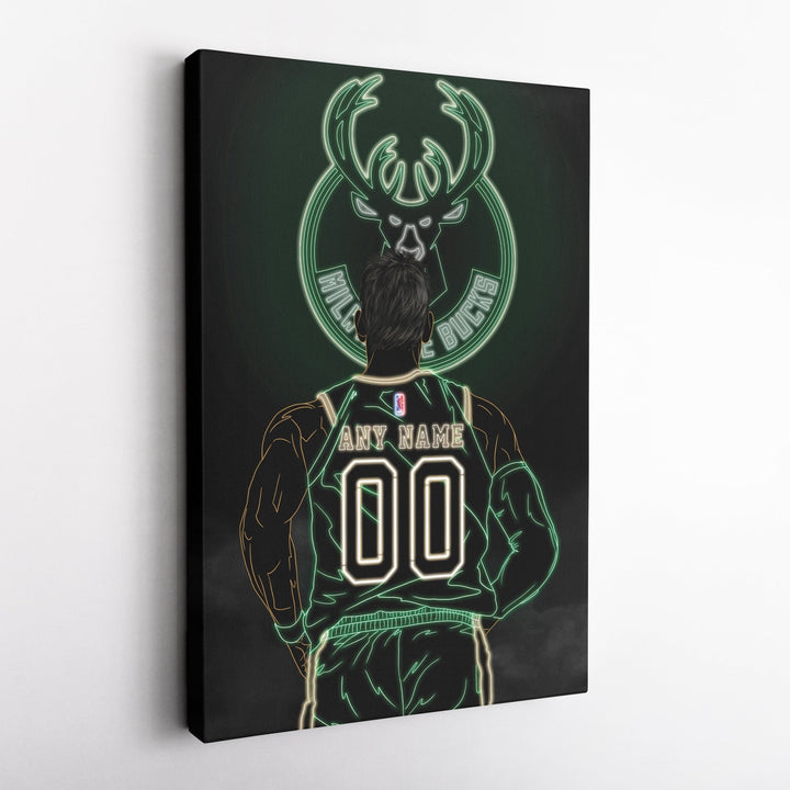 Milwaukee Bucks Personalized Jersey Canvas | Neon Wall Art - CanvasNeon