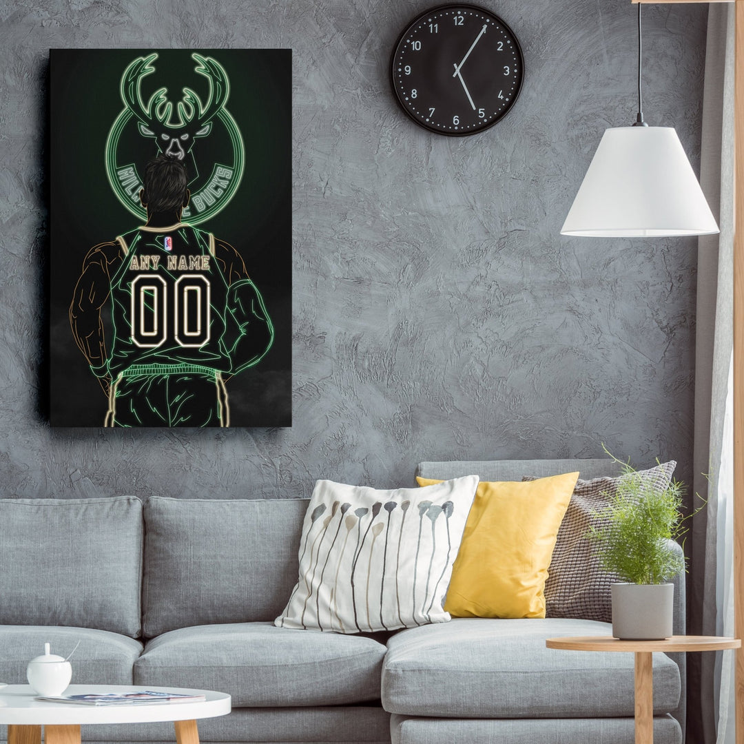 Milwaukee Bucks Personalized Jersey Canvas | Neon Wall Art - CanvasNeon