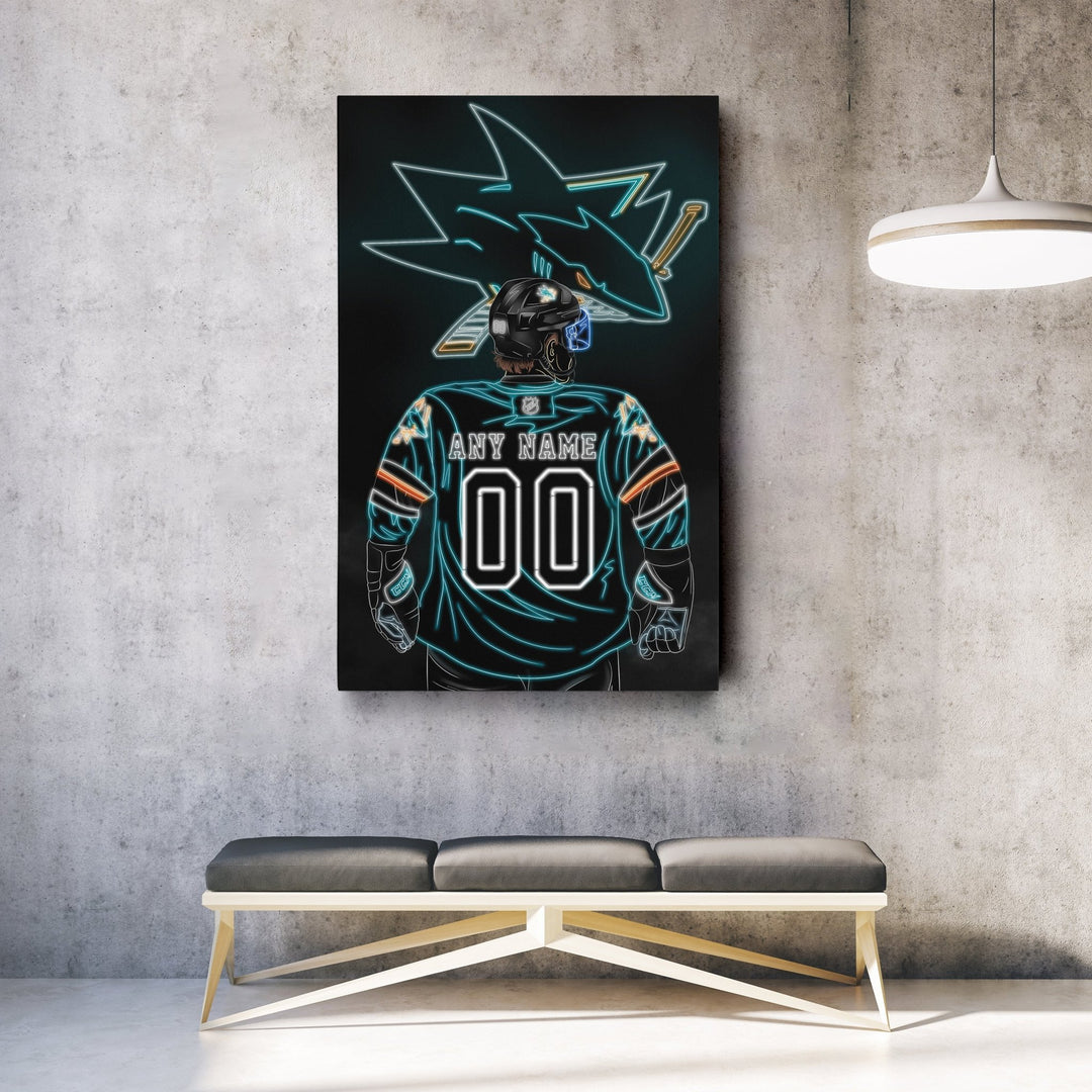 San Jose Sharks Personalized Jersey Canvas | Neon Wall Art - CanvasNeon